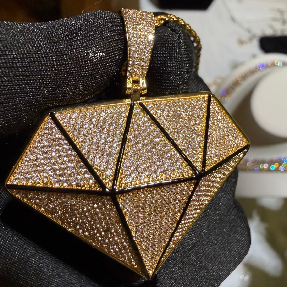 Iced Diamond Shape Pendant CZ Hip Hop Chain Gold or Silver Geometric Bling Necklace Statement Jewelry + Steel Rope Chain