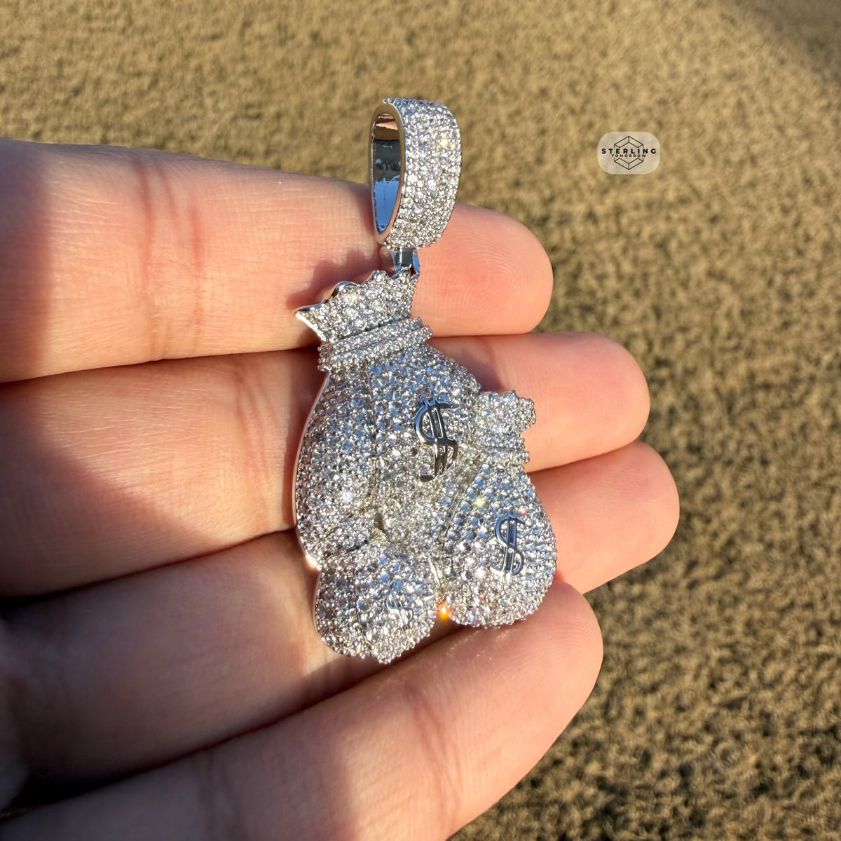 Moneybags Iced Out Pendant 14k White Gold Plated