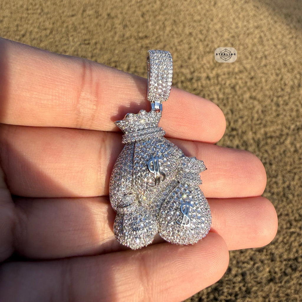 Moneybags Iced Out Pendant 14k White Gold Plated