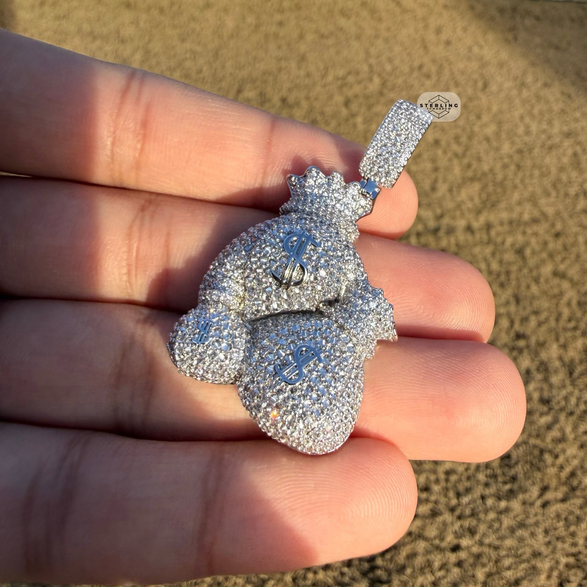 Moneybags Iced Out Pendant 14k White Gold Plated