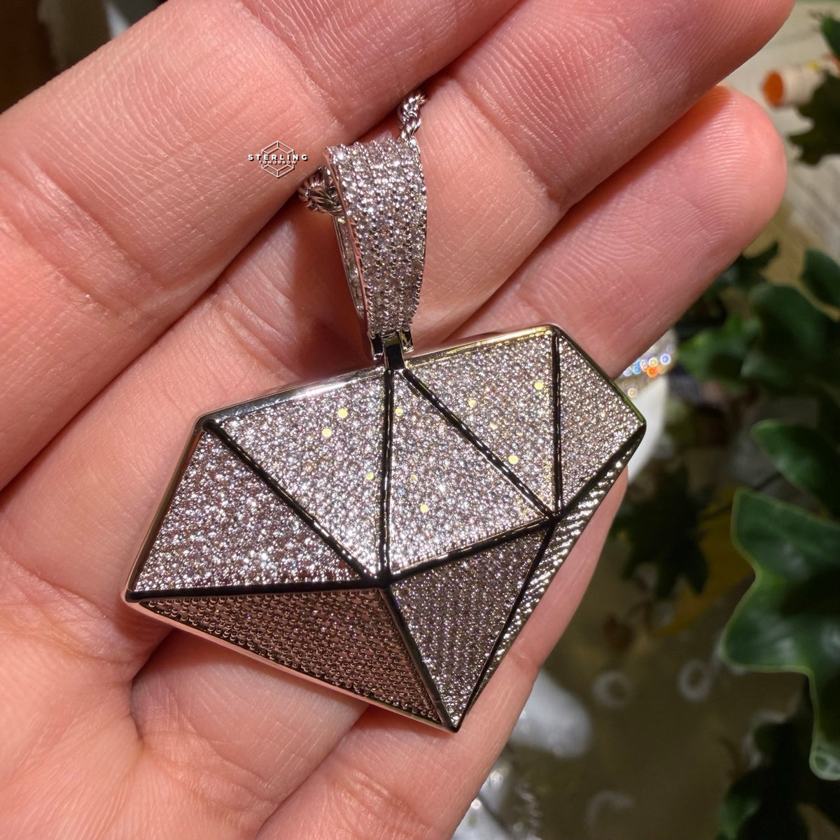 Iced Diamond Shape Pendant CZ Hip Hop Chain Gold or Silver Geometric Bling Necklace Statement Jewelry + Steel Rope Chain
