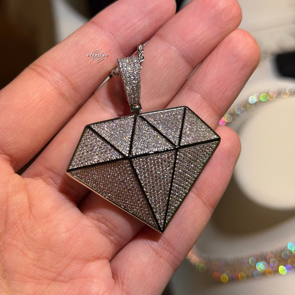 Iced Diamond Shape Pendant CZ Hip Hop Chain Gold or Silver Geometric Bling Necklace Statement Jewelry + Steel Rope Chain