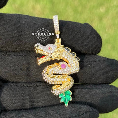 Double-Sided 14K Gold Tone Dragon Pendant Iced Out