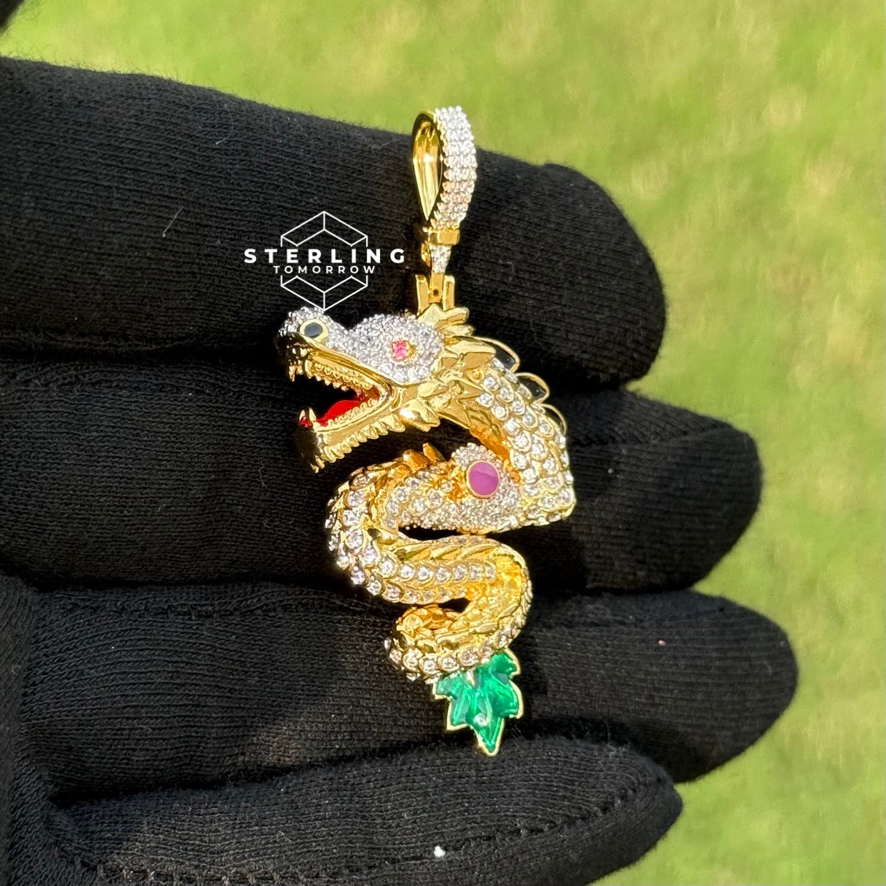 Double-Sided 14K Gold Tone Dragon Pendant Iced Out