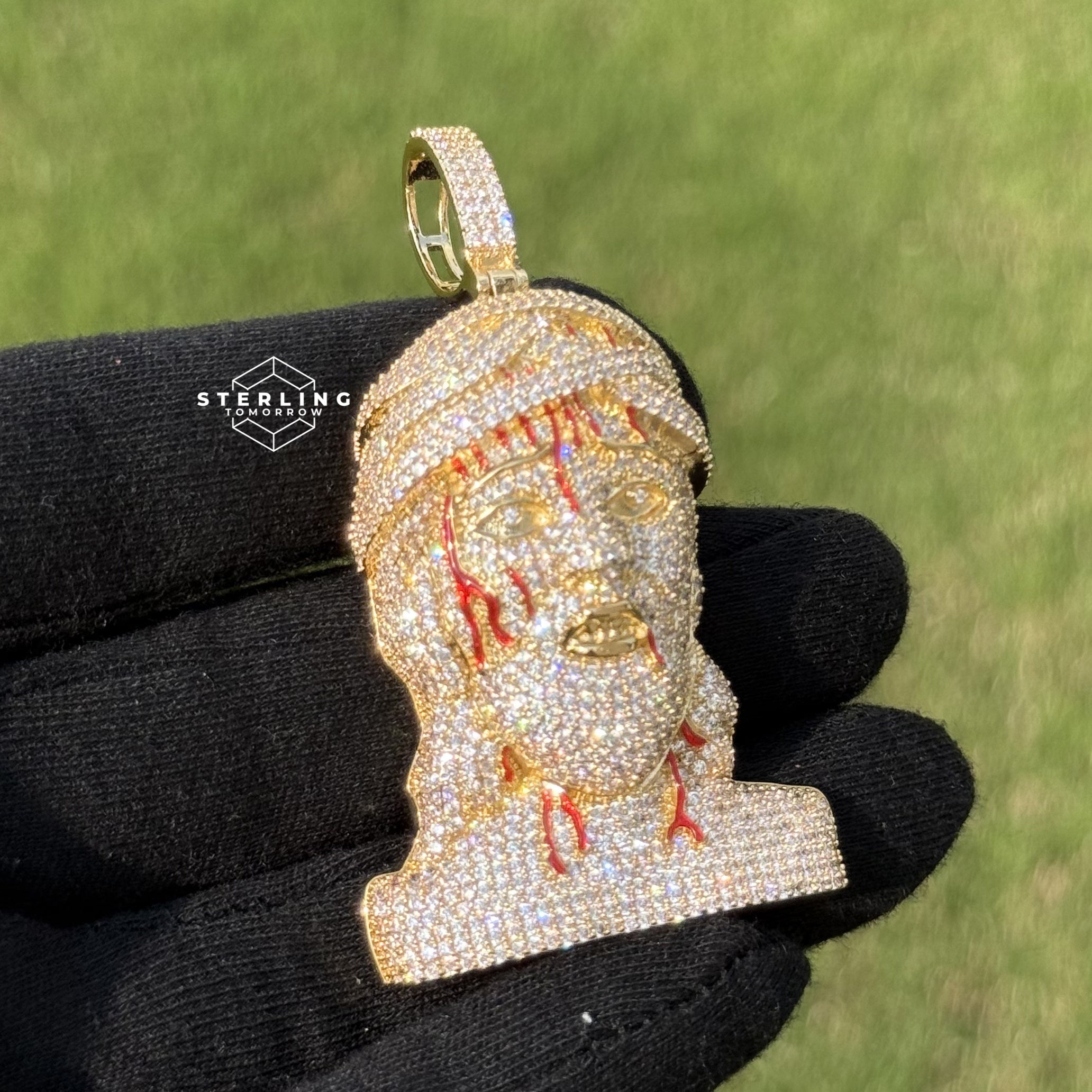 Jesus Pendant Iced Out with Blood Detail Gold Tone