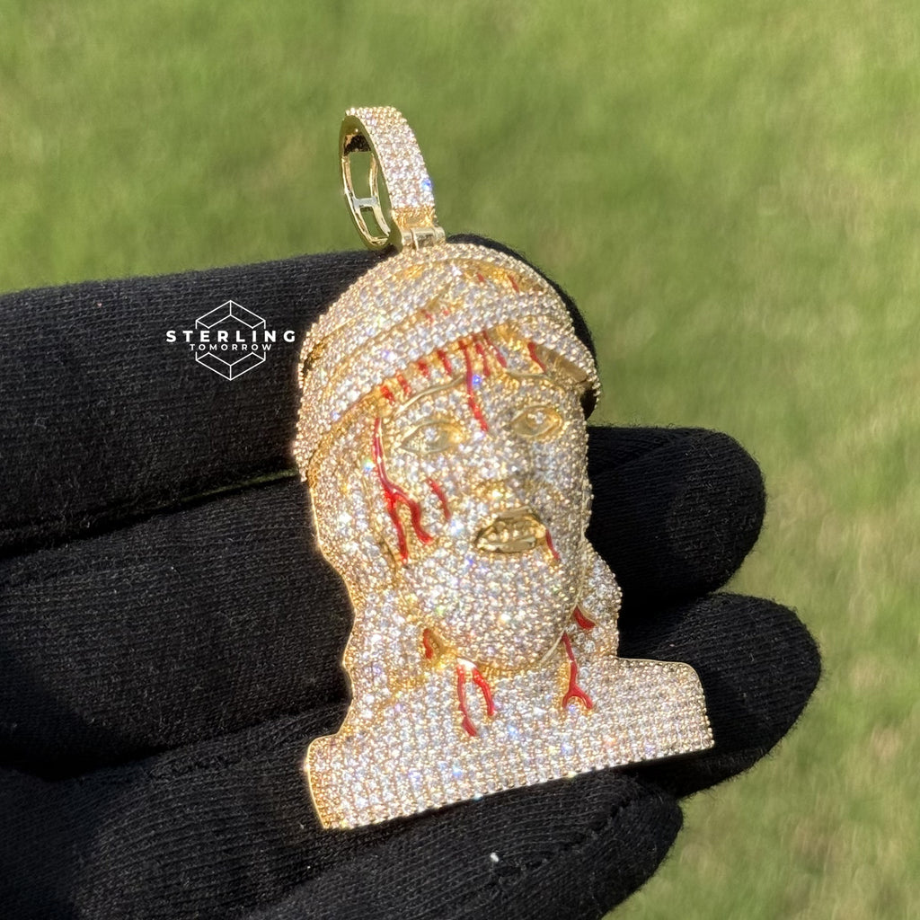 Iced Out Jesus Head Pendant | 14K Gold Plated Hip Hop Religious Necklace w/ Free Rope Chain