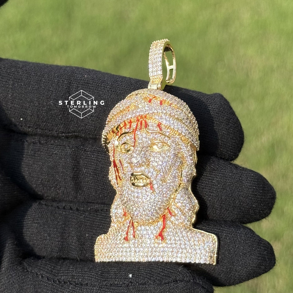 Iced Out Jesus Head Pendant | 14K Gold Plated Hip Hop Religious Necklace w/ Free Rope Chain