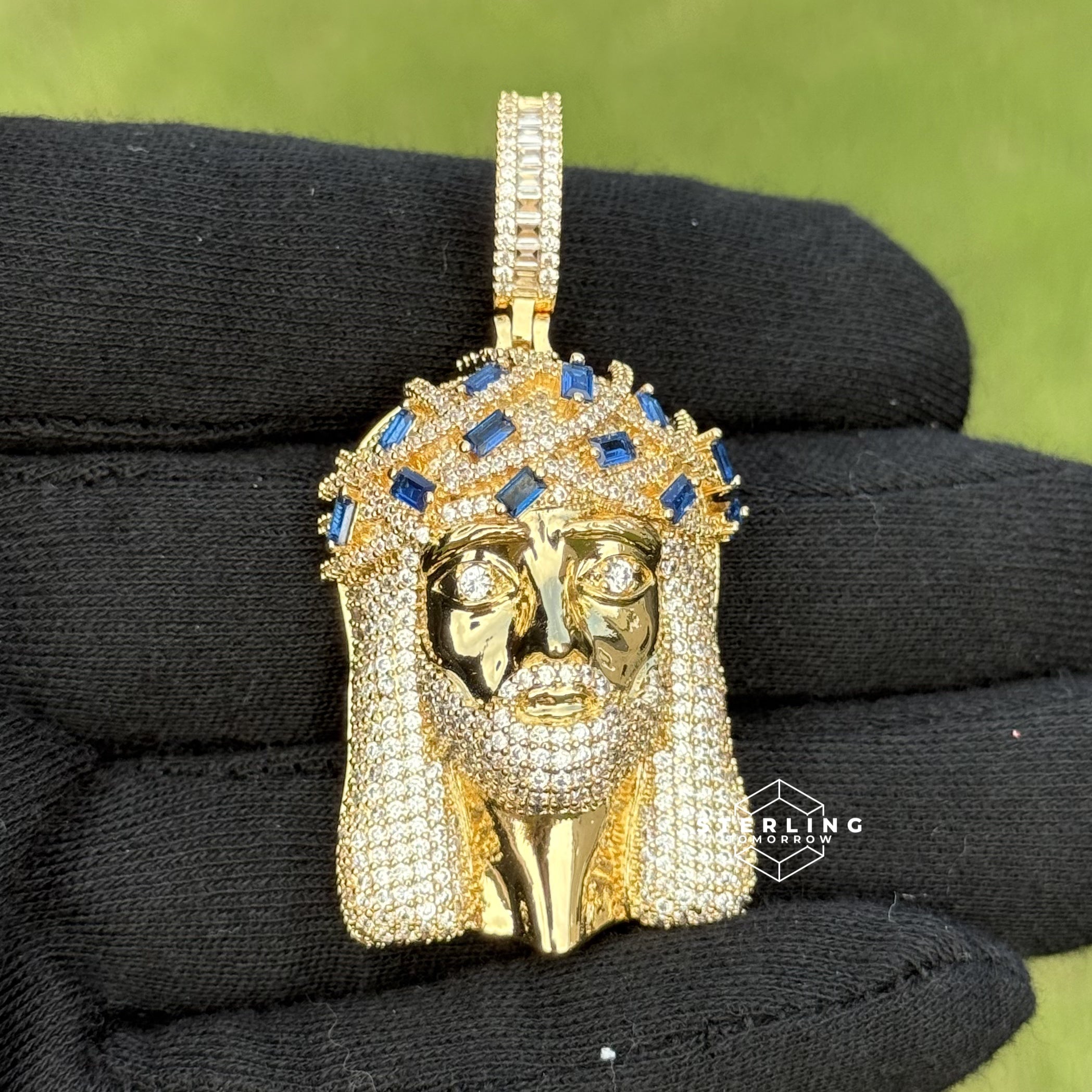 Jesus Iced Out Pendant with Blue Sapphire Crown