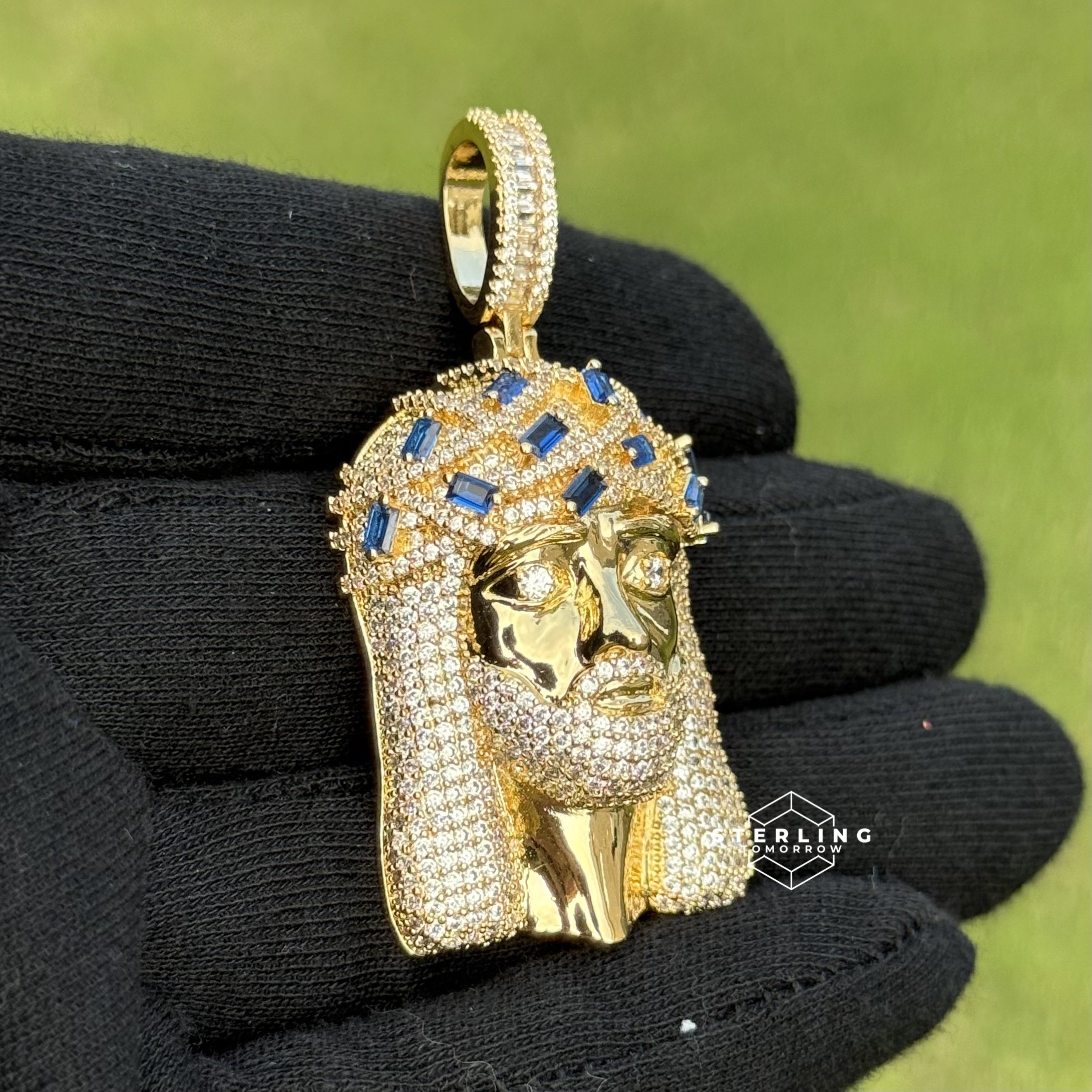 Jesus Iced Out Pendant with Blue Sapphire Crown