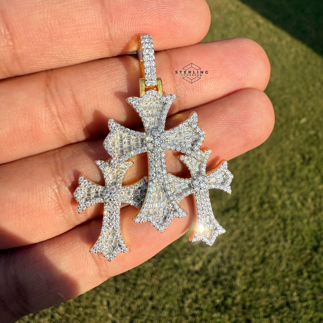 Triple Cross Moissanite Gold Finished Pendant