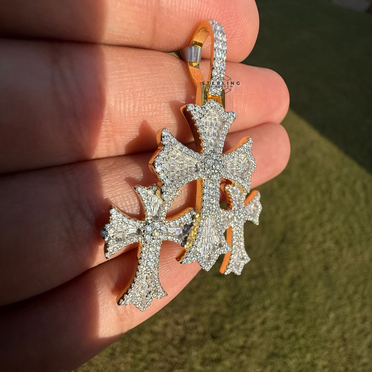Triple Cross Moissanite Gold Finished Pendant