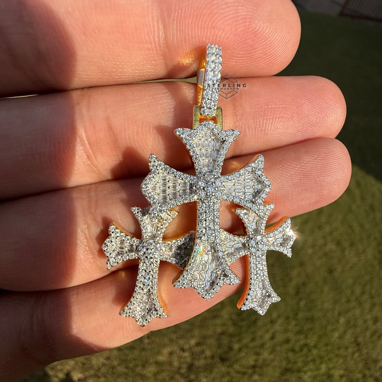 Triple Cross Moissanite Gold Finished Pendant