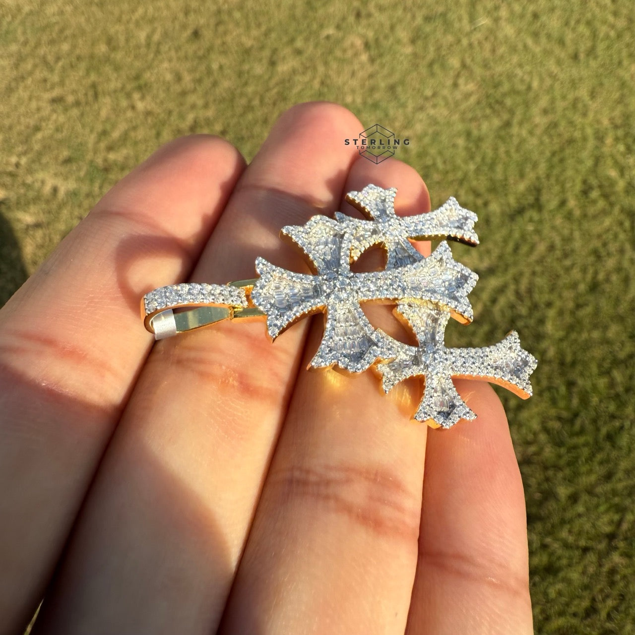 Triple Cross Moissanite Gold Finished Pendant