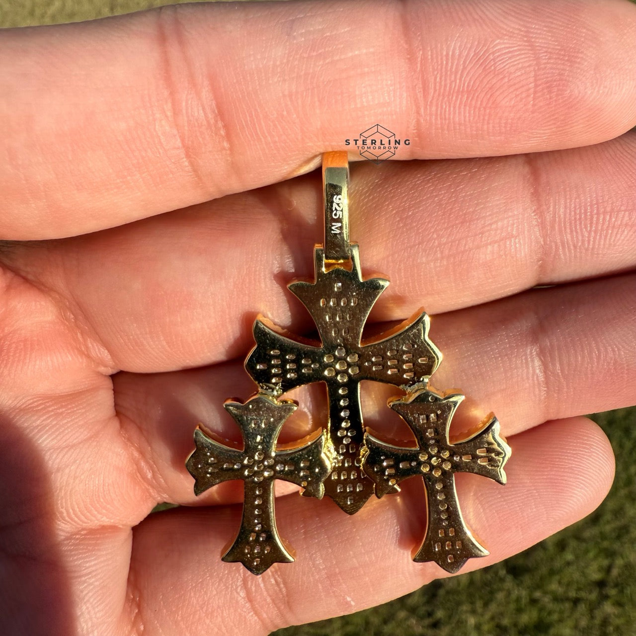 Triple Cross Moissanite Gold Finished Pendant