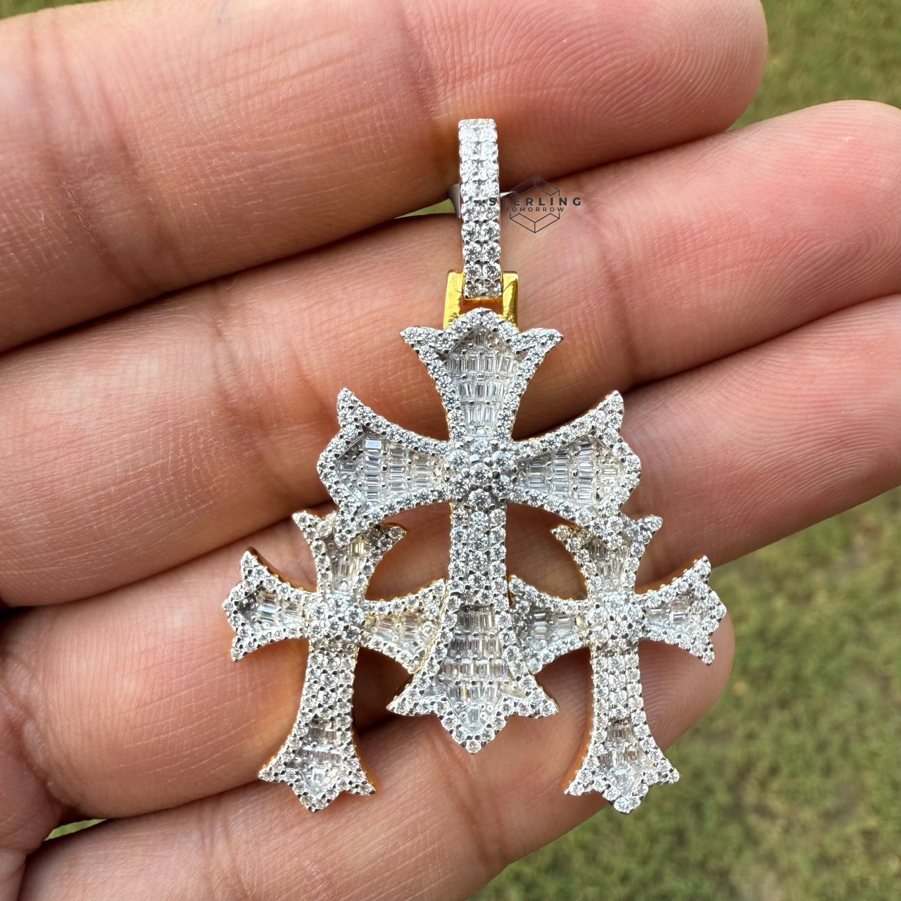 Triple Cross Moissanite Gold Finished Pendant