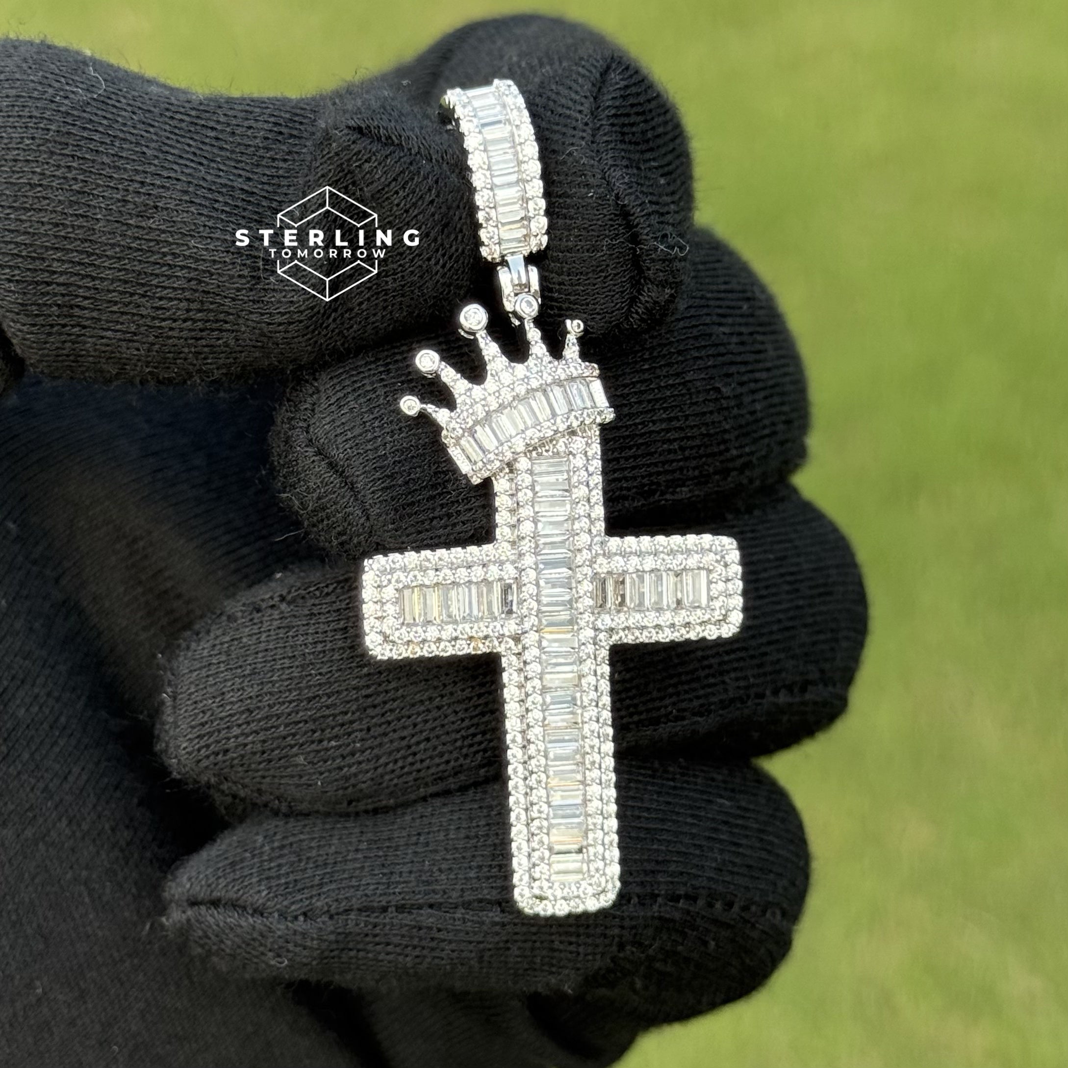 Cross with Crown Silver Iced Out Pendant