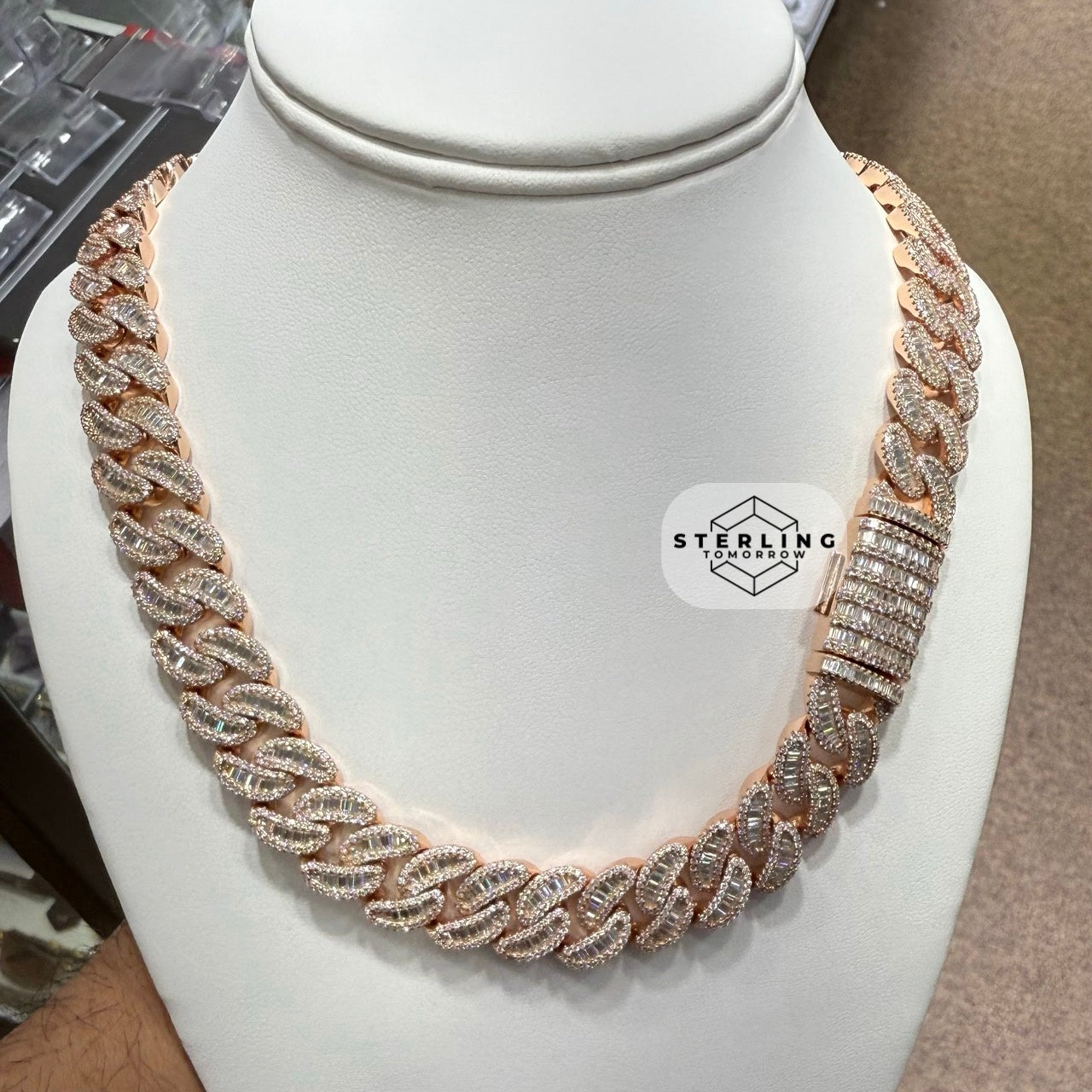 Moissanite 15mm 22" Heavy Rose Two Tone Baguette Cuban Chain
