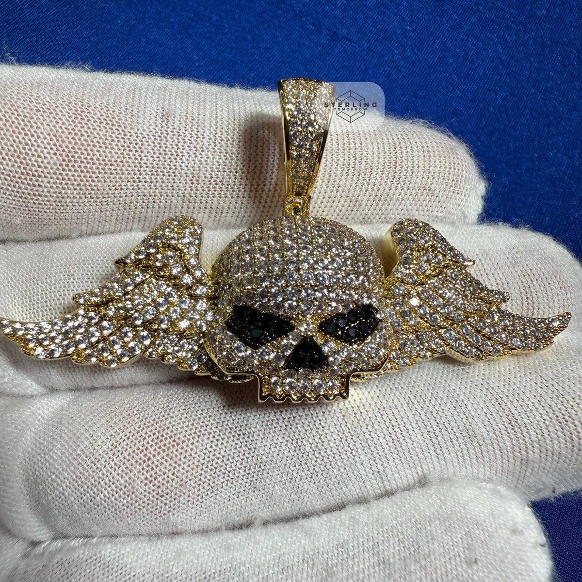 14K Gold Iced Out Winged Skull Pendant | CZ Diamond Hip Hop Gothic Necklace with Free Chain