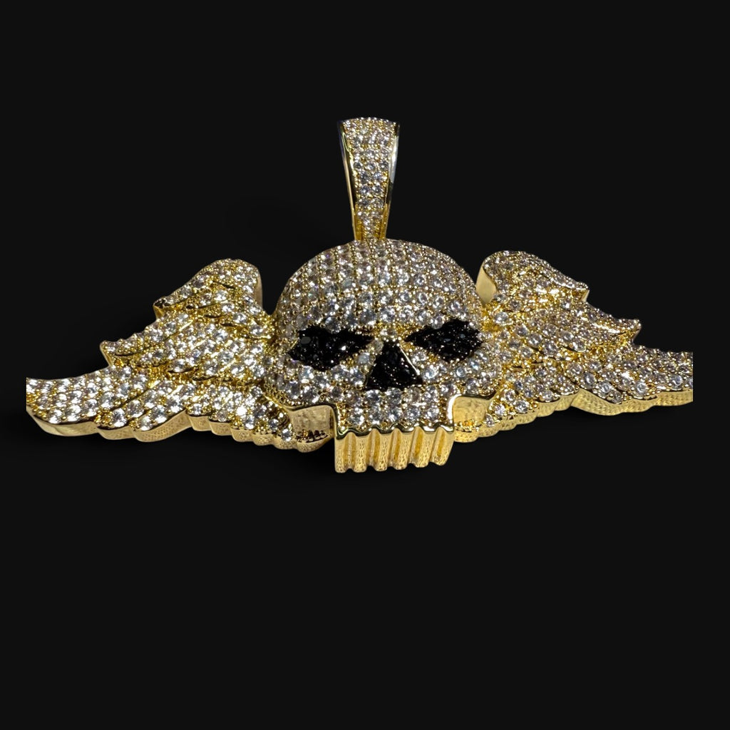 14K Gold Iced Out Winged Skull Pendant | CZ Diamond Hip Hop Gothic Necklace with Free Chain