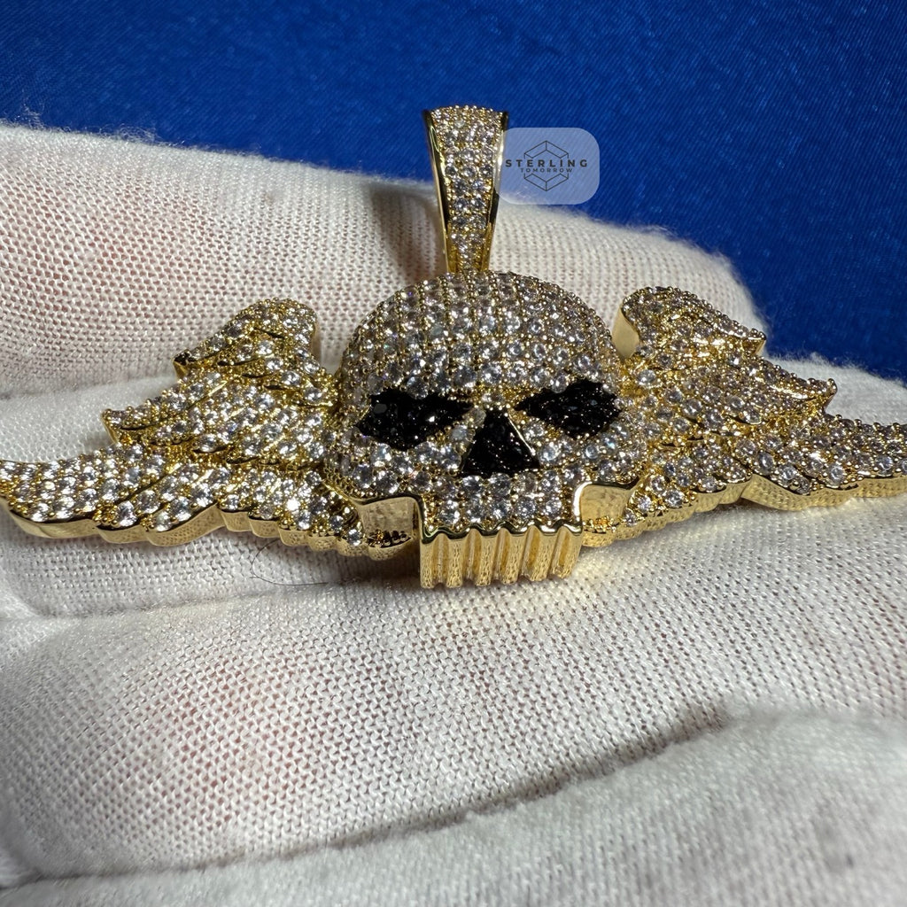14K Gold Iced Out Winged Skull Pendant | CZ Diamond Hip Hop Gothic Necklace with Free Chain