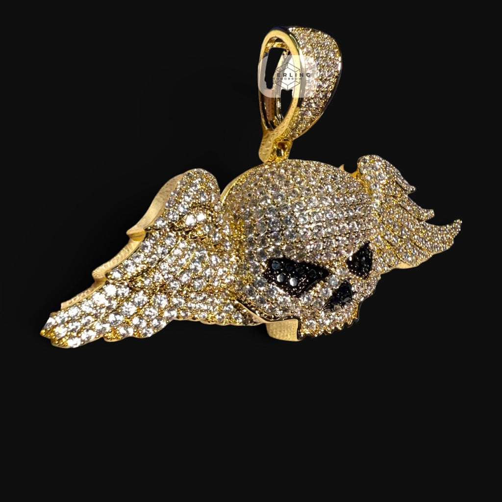 14K Gold Iced Out Winged Skull Pendant | CZ Diamond Hip Hop Gothic Necklace with Free Chain