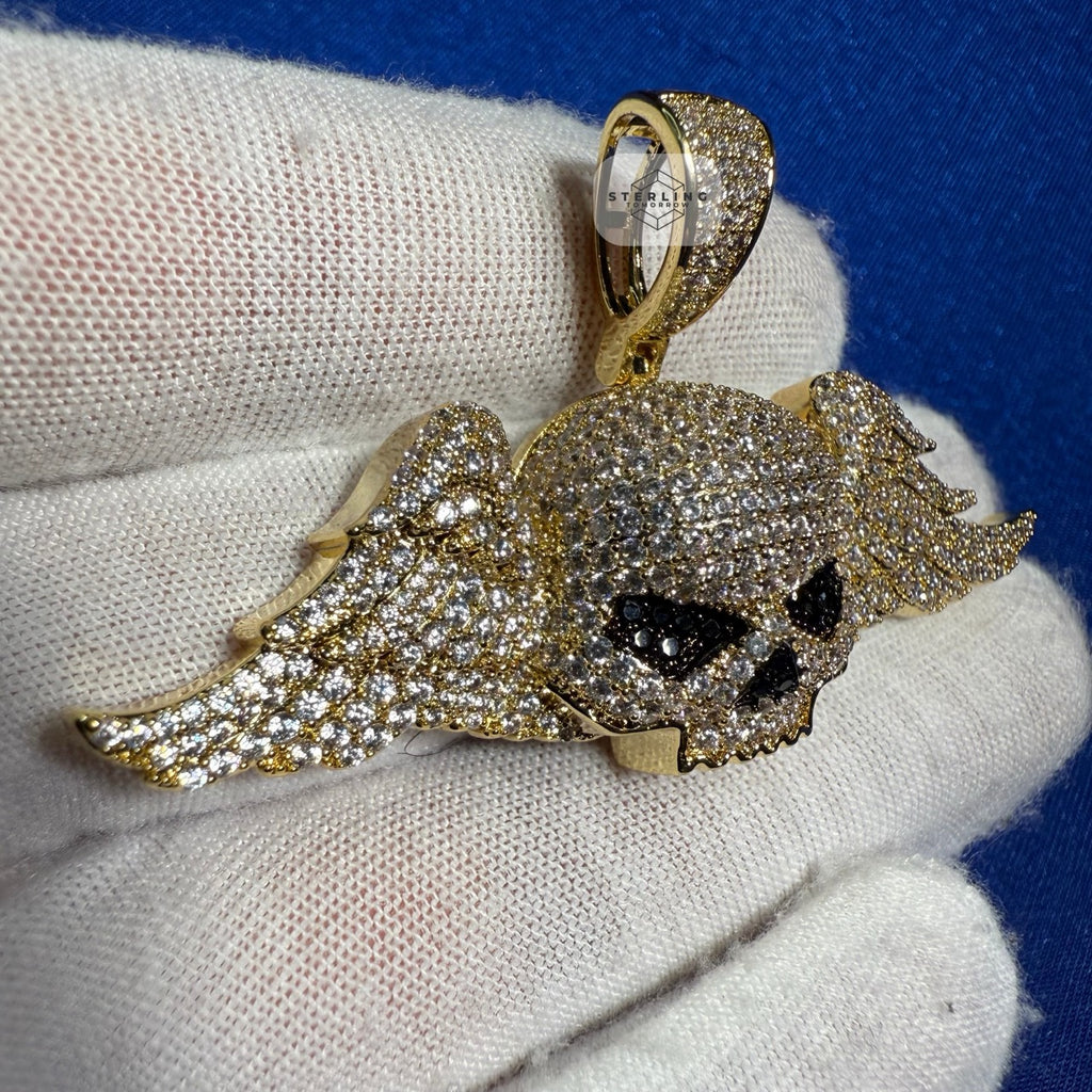 14K Gold Iced Out Winged Skull Pendant | CZ Diamond Hip Hop Gothic Necklace with Free Chain
