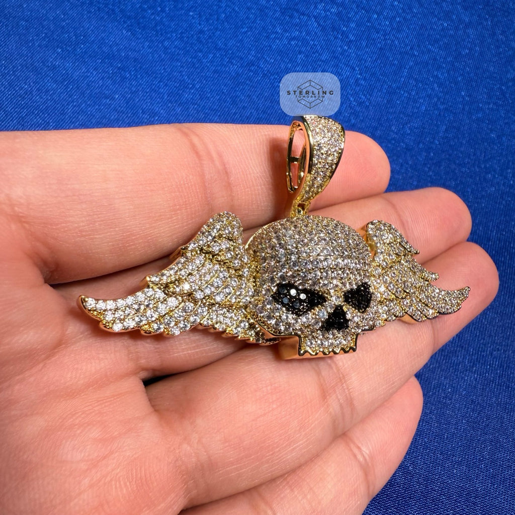 14K Gold Iced Out Winged Skull Pendant | CZ Diamond Hip Hop Gothic Necklace with Free Chain