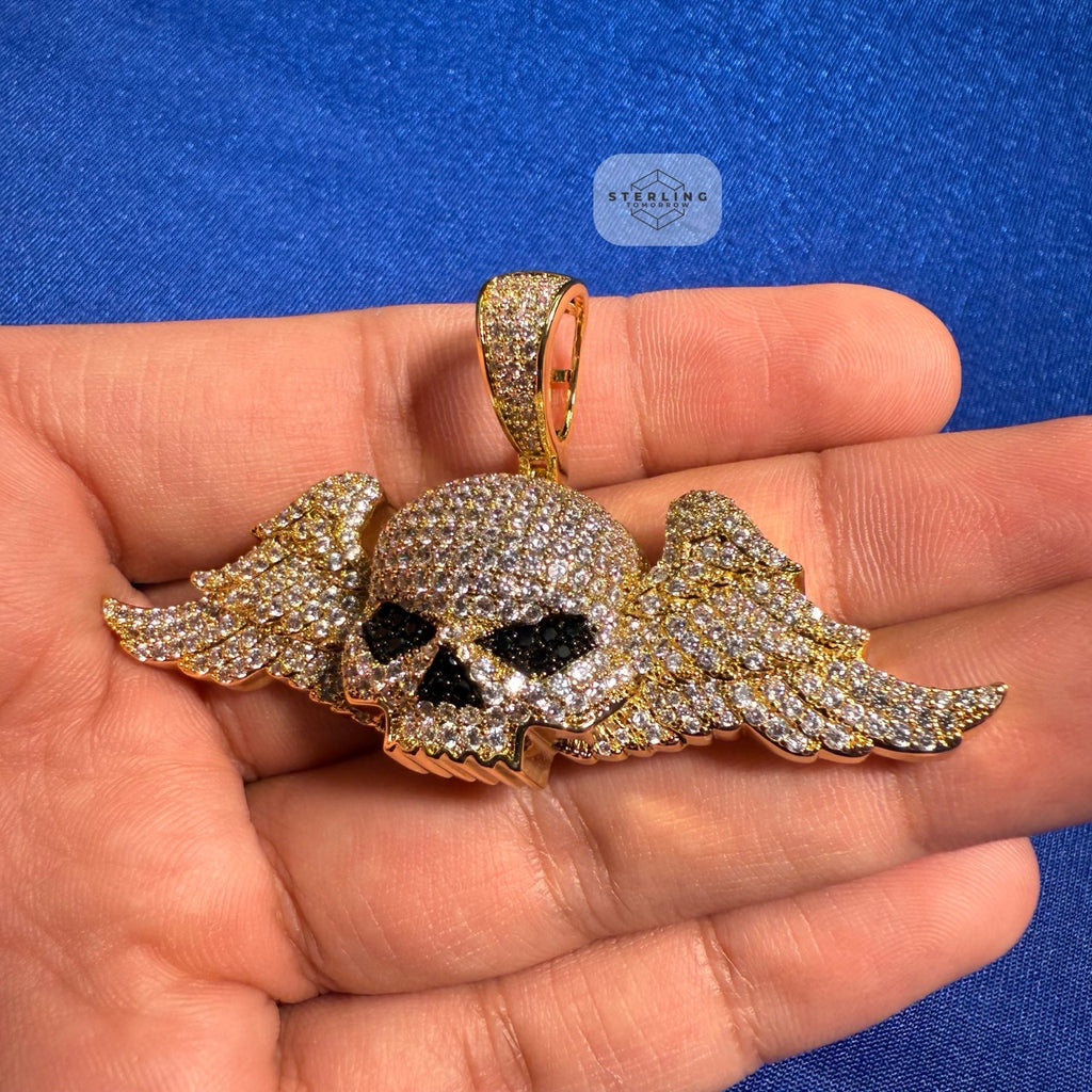 14K Gold Iced Out Winged Skull Pendant | CZ Diamond Hip Hop Gothic Necklace with Free Chain