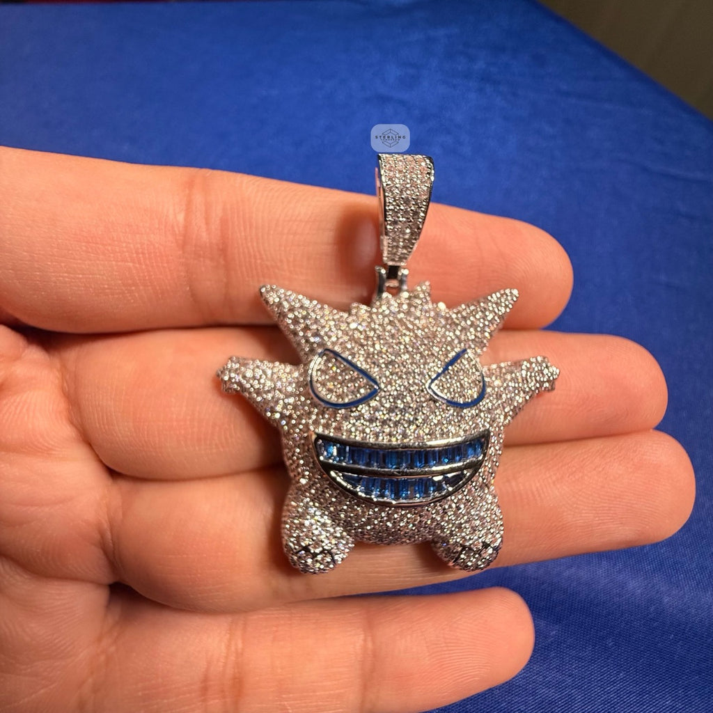 Iced Out Spiky Monster Pendant | 14K White Gold Plated Cartoon Monster Necklace, CZ Hip Hop Pendant with Free Rope Chain