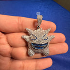 Iced Out Spiky Monster Pendant | 14K White Gold Plated Cartoon Monster Necklace, CZ Hip Hop Pendant with Free Rope Chain