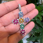 Moissanite Flower Color Cross Pendant