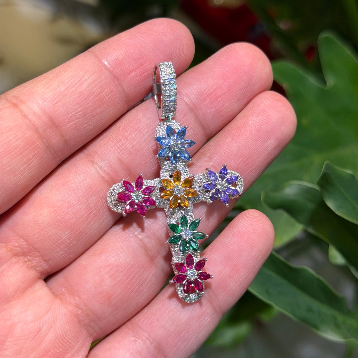Moissanite Flower Color Cross Pendant