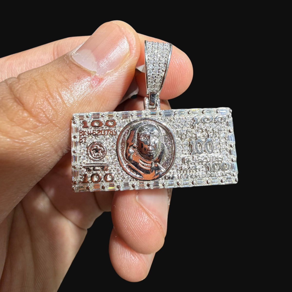 Moissanite $100 Benjamin Franklin Money Pendant, Iced Out Dollar Bill Necklace, 925 Silver Hip Hop
