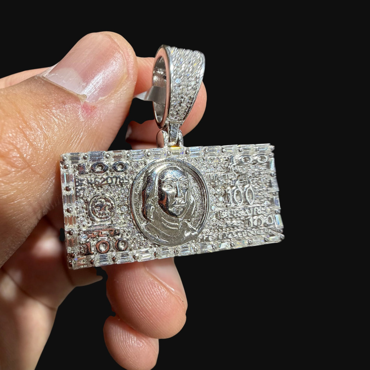 Moissanite $100 Benjamin Franklin Money Pendant, Iced Out Dollar Bill Necklace, 925 Silver Hip Hop