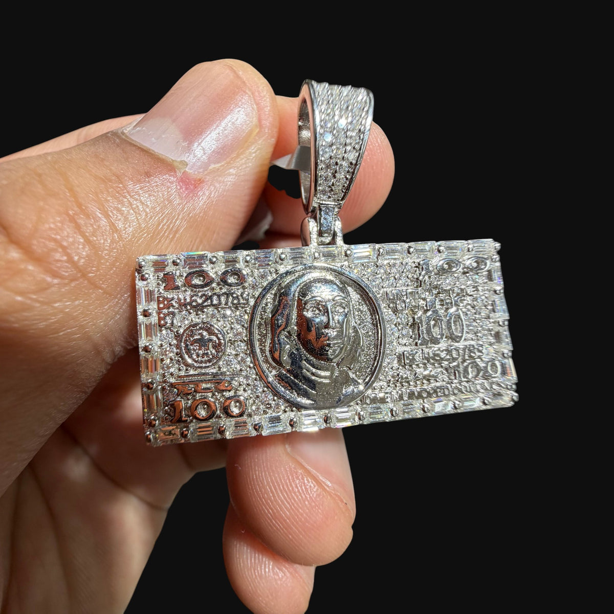 Moissanite $100 Benjamin Franklin Money Pendant, Iced Out Dollar Bill Necklace, 925 Silver Hip Hop