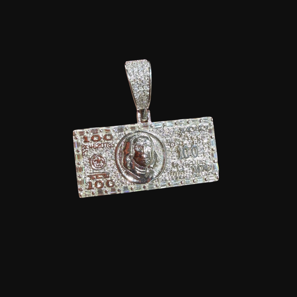 Moissanite $100 Benjamin Franklin Money Pendant, Iced Out Dollar Bill Necklace, 925 Silver Hip Hop