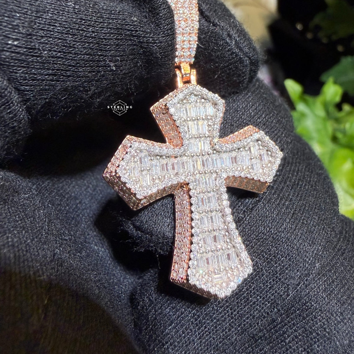 Moissanite Rose Baguette 3D Cross Pendant