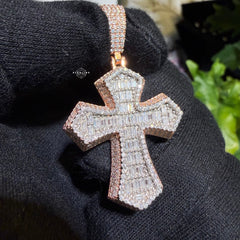 Moissanite Rose Baguette 3D Cross Pendant