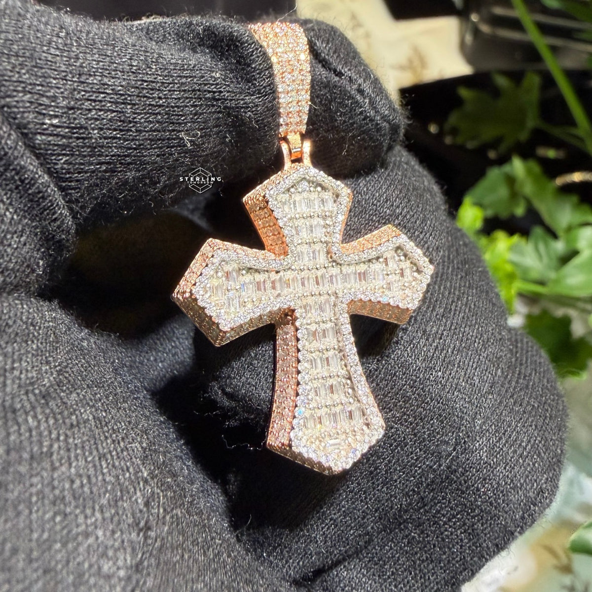 Moissanite Rose Baguette 3D Cross Pendant