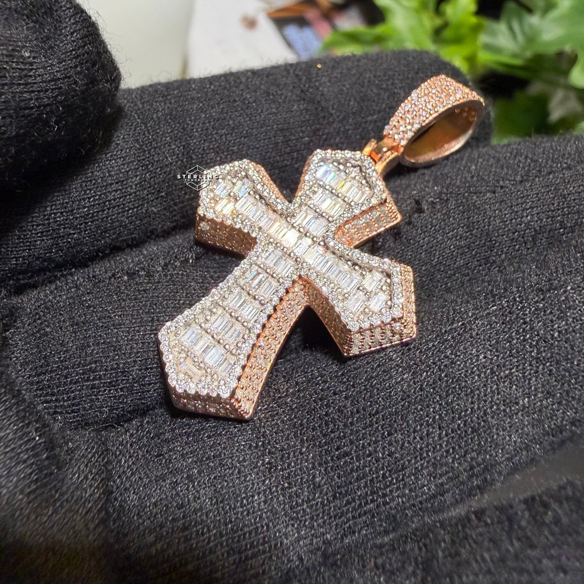 Moissanite Rose Baguette 3D Cross Pendant