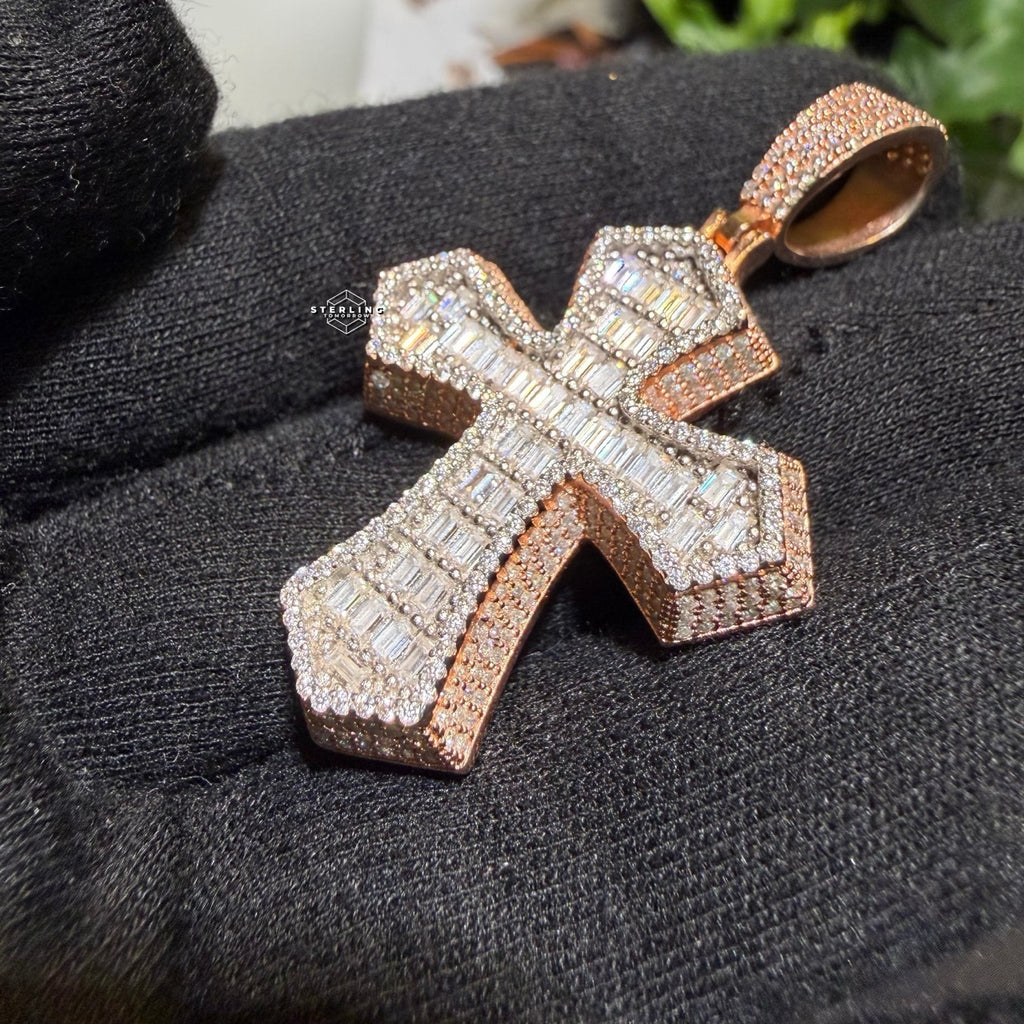 Moissanite Rose Baguette 3D Cross Pendant