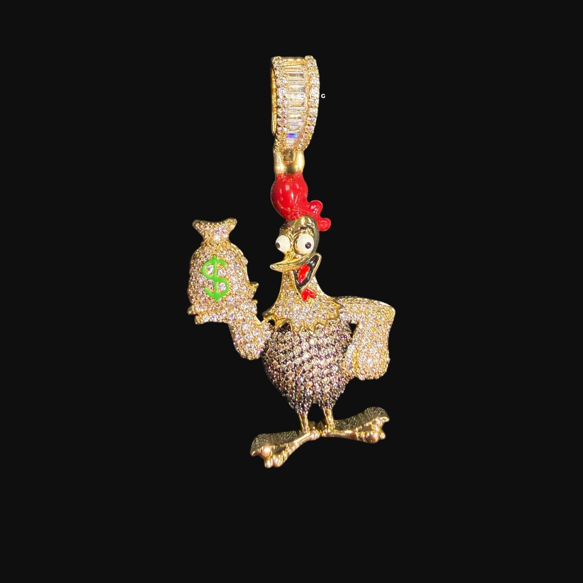 Iced Out Money Chicken Pendant Gold CZ Cartoon Bird Hip Hop Necklace with Free Chain