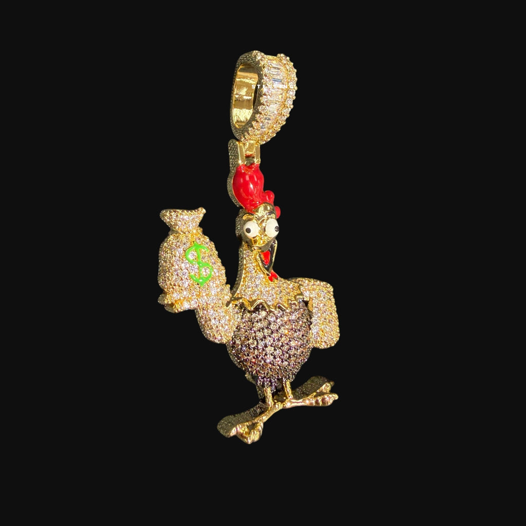 Iced Out Money Chicken Pendant Gold CZ Cartoon Bird Hip Hop Necklace with Free Chain