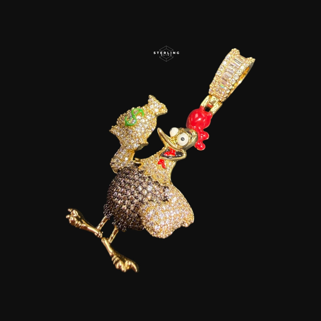 Iced Out Money Chicken Pendant Gold CZ Cartoon Bird Hip Hop Necklace with Free Chain