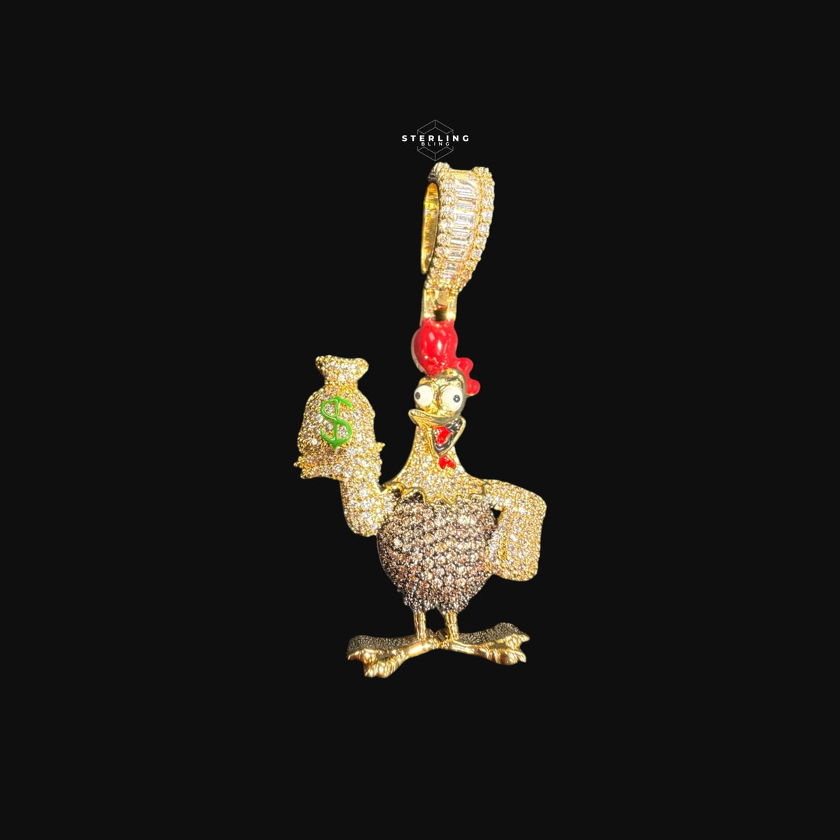Iced Out Money Chicken Pendant Gold CZ Cartoon Bird Hip Hop Necklace with Free Chain