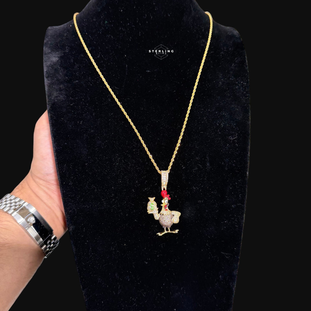Iced Out Money Chicken Pendant Gold CZ Cartoon Bird Hip Hop Necklace with Free Chain