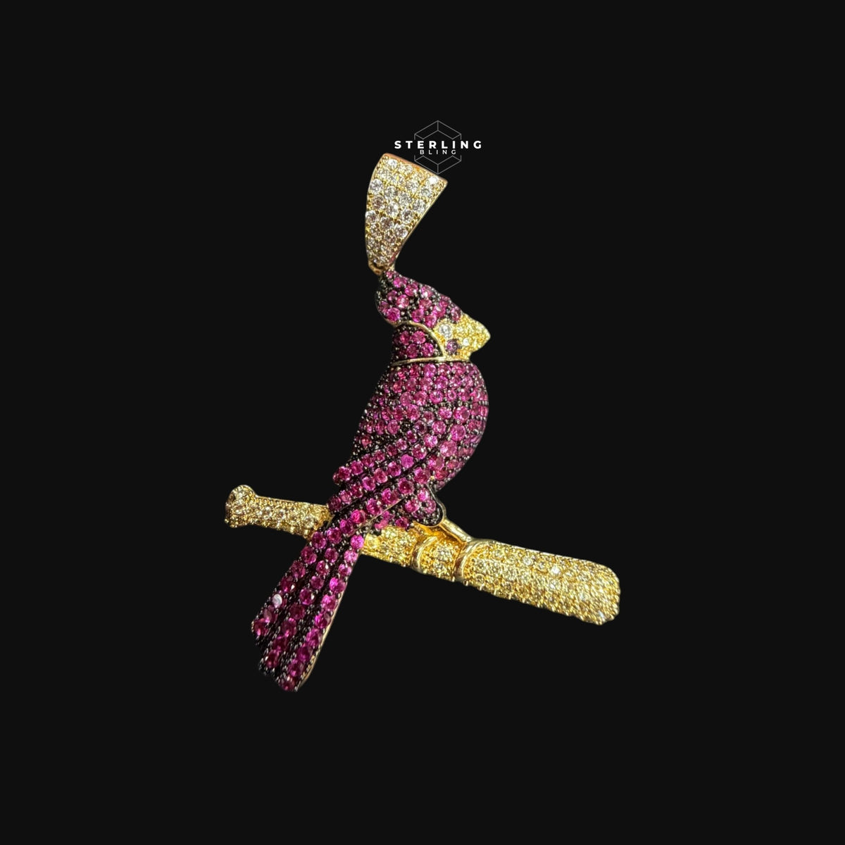 Iced Out Cardinal Bird Pendant Necklace Pink Red CZ Gold Hip Hop Statement Charm with Free Chain