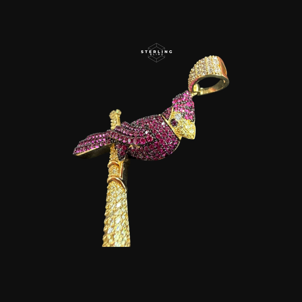 Iced Out Cardinal Bird Pendant Necklace Pink Red CZ Gold Hip Hop Statement Charm with Free Chain