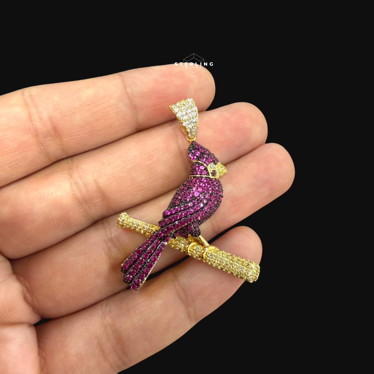 Iced Out Cardinal Bird Pendant Necklace Pink Red CZ Gold Hip Hop Statement Charm with Free Chain