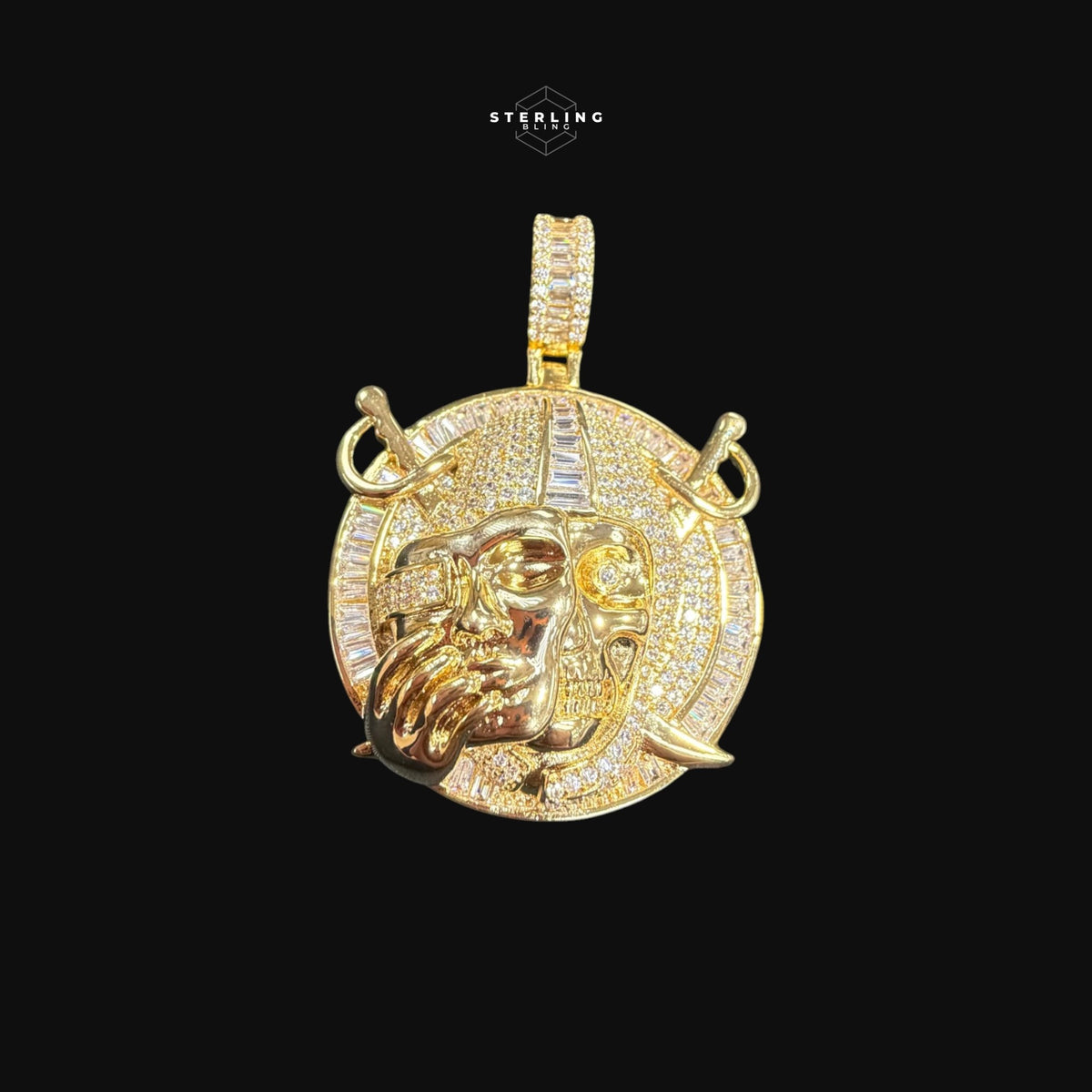 Iced Out Pirate Skull Pendant Necklace Gold CZ Baguette Hip Hop Skull Charm with Free Rope Chain